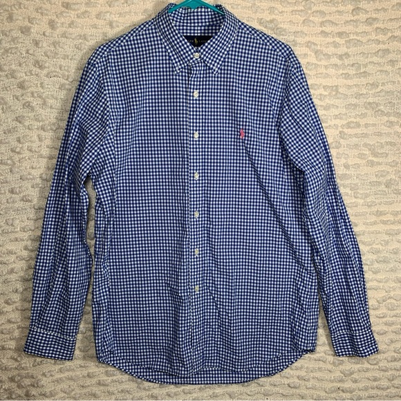 RALPH LAUREN MENS LARGE LONG SLEEVE PLAID SHIRT OXFORD LONG SLEEVE BLUE PINK PON - Picture 1 of 16